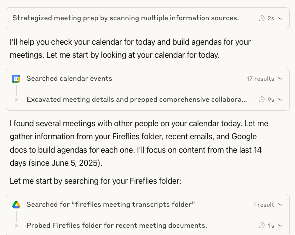 Claude analyzing calendar events and searching through Fireflies meeting transcripts