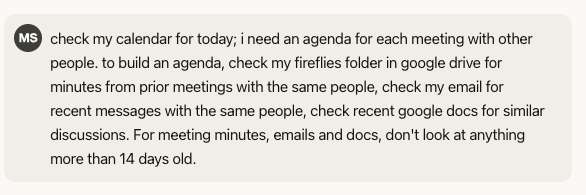 User asking Claude to create a Google Doc with the generated agendas