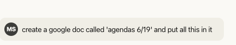 User prompt asking Claude to check calendar and build agendas using multiple information sources