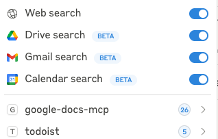 Claude tools configuration screen showing enabled web search, drive search, gmail search, and calendar search