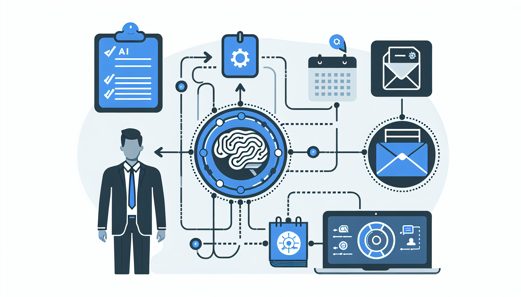 AI agent workflow diagram showing connection between manager, AI brain, and multiple integrated tools