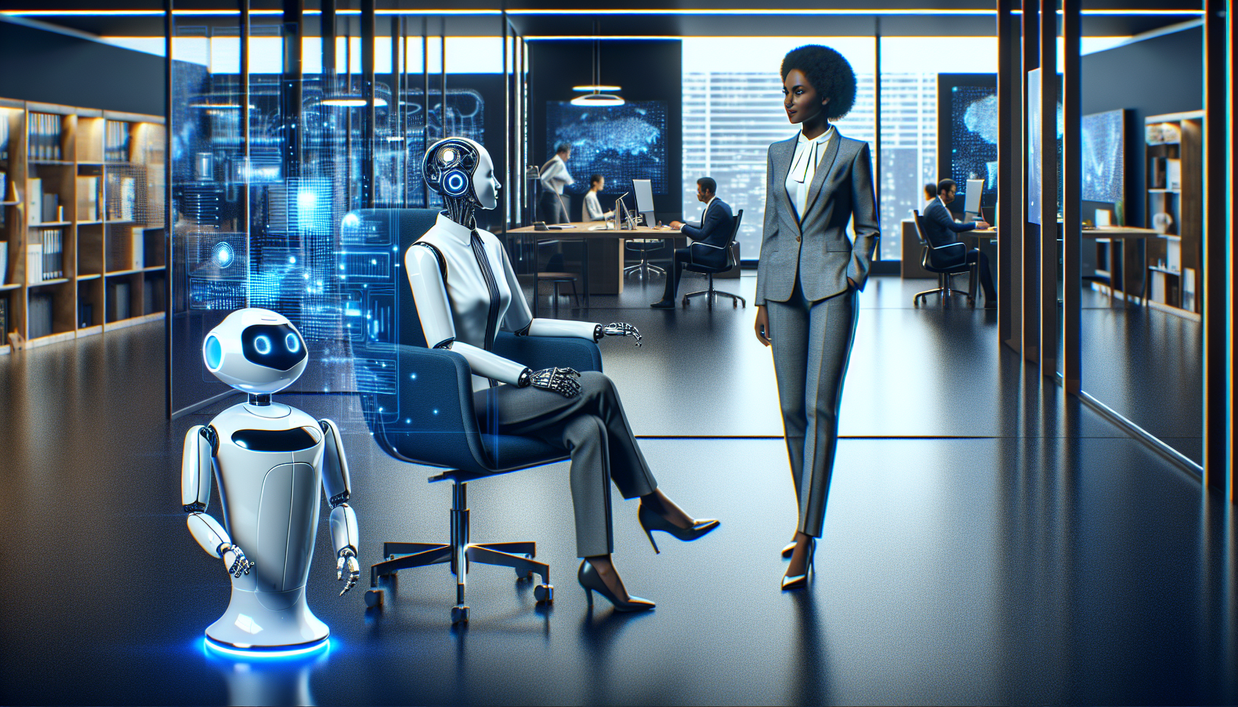 AI agents working alongside human executives in modern office setting