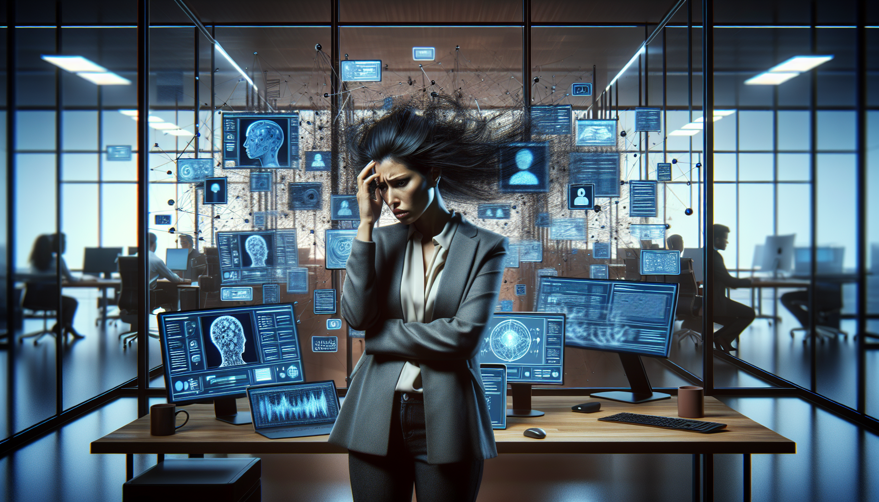 Executive experiencing AI burnout and cognitive overload in modern office